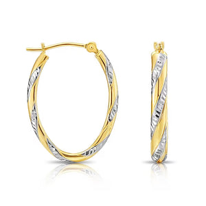 10K Gold Two-Tone Twisted Oval Hoop Earrings, Hand Engraved Diamond-Cuts, 1 Inch (25Mm) Hoops, Made by TILO Jewelry