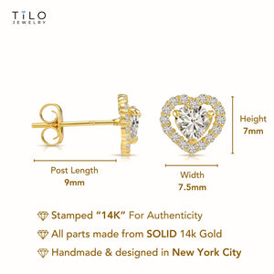 14K Yellow Gold Heart Halo CZ Stud Earrings, with Secure Butterfly Push-Backs, Solid 14K Gold Dainty Heart Studs, by TILO Jewelry