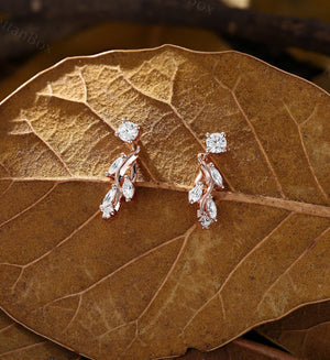 Dainty Leaf Diamond Dangle Earrings - Elegant Yellow Gold Moissanite Drop Earrings - Classic Minimalist Women Birthday Gift by