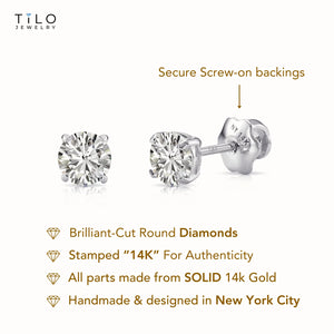 14K White Gold round Brilliant-Cut Lab Diamond Stud Earrings, Screwback