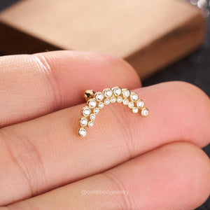 14K Solid Gold Invisible Set Diamond Apsara Curve Threaded Stud Earring/Ball-End Earring with Double Row CZ Cartilage, Helix, Conch Piercing