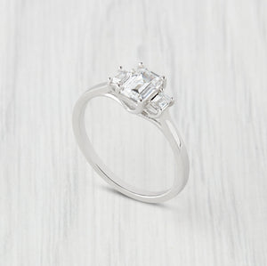 Man Made Diamond Emerald Cut 3 Stone Trilogy Ring Ring Available in Sterling Silver or White Gold Filled - Engagement Ring
