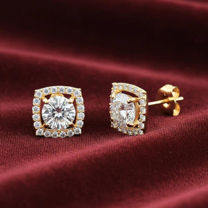 Stunning 14K Solid Yellow Gold Round CZ Halo Stud Earrings - Brilliant Cushion Design with Secure Pushbacks by TILO Jewelry.