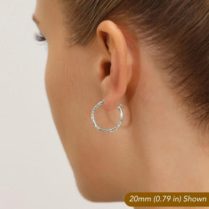 Stunning 10K White Gold Hand-Engraved Diamond-Cut Hoop Earrings - Crafted in the USA.