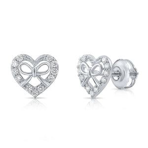 14K White Gold Heart & Ribbon Lab Diamond Studs, 0.20Ctw, Screwback