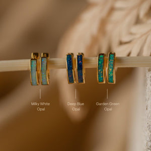 Opal Inlay Huggie Earrings Set by Caitlyn Minimalist • Dainty White Opal Earrings • Blue & Green Gemstone Hoops • Gifts for Wife • ER212