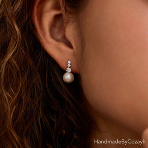 Minimalist CZ Diamond Pearl Earrings, Freshwater Pearl Earrings, Elegant Pearl Dangles, Wedding Pearl Jewelry, Bridesmaid Gift, Gift for Mom