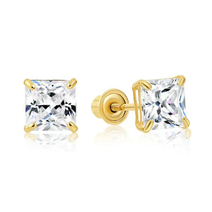 Bundle SET of 3! 14K Solid Gold Earrings, Square CZ Studs with Screwbacks