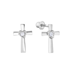 14K Gold CZ Cross Stud Earrings with Screwbacks
