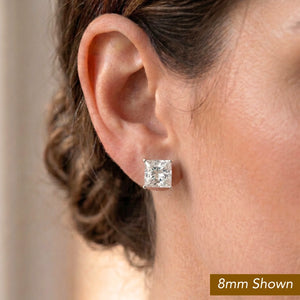 14K White Gold Square Zirconia Stud Earrings with Butterfly Pushbacks, Unisex Design, Princess Cut Studs