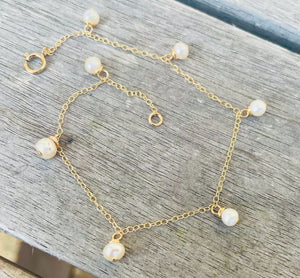 9Ct Gold Anklet: Dainty Ivory Freshwater Pearl Drop Ankle Chain