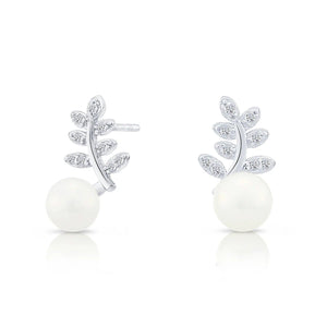 Elegant Sterling Silver CZ Floral Pearl Stud Earrings.