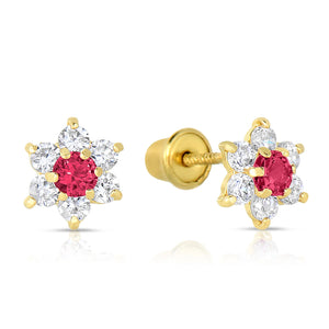 14K Yellow Gold Birthstone Halo Flower Stud Earrings, Available in 12 Colors