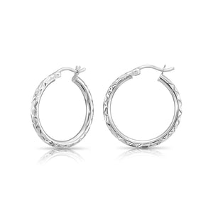Stunning 925 Sterling Silver Hand Engraved Diamond Cut X-Pattern Round Hoop Earrings.