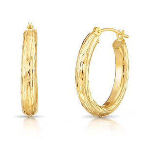 Luxurious 14K Solid Gold Hand-Engraved Diamond-Cut Oval Hoop Earrings.