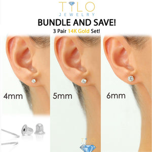 Elegant 14K Solid White Gold Screw Back Round CZ Basket Set Stud Earrings - Set of 3 Pairs.