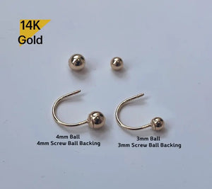 14K Solid Gold Light Weight Ball3Mm 4Mm Curved U Shaped Stud End Barbell Piercing, 21G