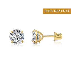 14K Yellow Gold Solitaire round Cubic Zirconia Stud Earrings in Secure Screw-Backs, Sleeper Cz Studs, Unisex, by TILO Jewelry