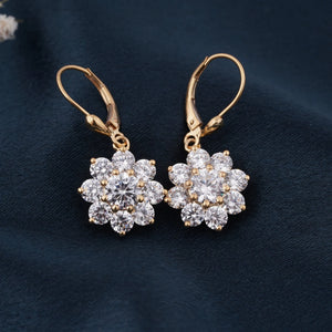 GRA Moissanite Flower Earrings, 14K Gold Plated Sterling Silver Lever Back Drop