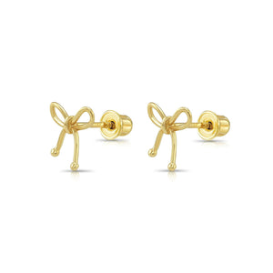 Elegant 14K Solid Yellow Gold Ribbon Bow Stud Earrings with Secure Screwback Closure.
