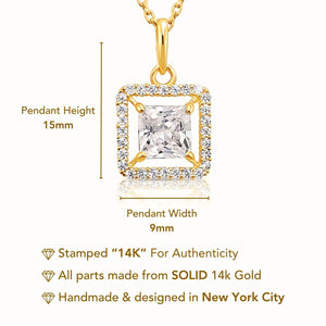 Stunning 14K Yellow Gold Princess-Cut Halo Pendant Necklace.