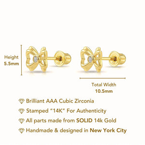 Elegant 14K Solid Yellow Gold CZ Ribbon Bow Studs with Secure Screwback Design.