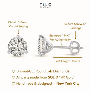 14K White Gold Brilliant-Cut Lab Diamond Studs, Classic Martini 3-Prong Setting, Screwback