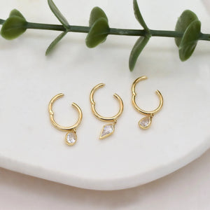 14K Solid Gold Dangle Charm Hoop Earring Dainty Drop Earring Dangle Rhombus Oval Dangling Charm Clicker Dangle Earring Cartilage Hoop 16G