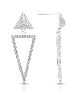 Elegant CZ Double Triangle Dangle Studs in Sterling Silver.