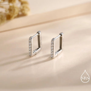 CZ Pave Square Huggie Hoop in Sterling Silver, Skinny Geometric Hoop Earrings, Gold or Silver Finish, 8Mm Minimalist Hoops