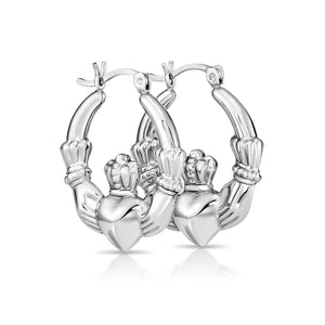925 Sterling Silver Heart Crown Claddagh Hoop Earrings - Irish Friendship & Love Design.