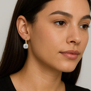 Stunning 14K Solid Gold Halo Cushion Drop Dangle Earrings with Secure Lever-Backs.