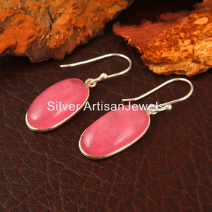 Sterling Silver Pink Jade Earrings: Boho Dangle Drop Earrings