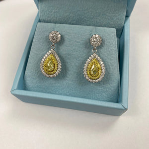 1.62Ct Fancy Yellow Pear Diamond Drop Earrings, 14K White Gold
