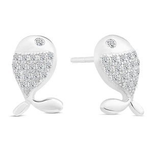 Charming Sterling Silver Whale CZ Fish Stud Earrings.