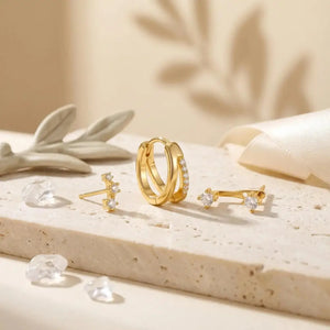 Chic 18K Gold Filled 3-Piece Earring Set - Double Layer Huggie Hoops, Crawl Studs & Front Back Solitaires for a Minimalist Look.