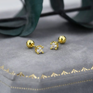 CZ Crystal Screw Back Earrings in Sterling Silver, Available in 3Mm 4Mm 5Mm 6Mm, Brilliant Cut CZ Earrings, Four Prong, Silver or Gold