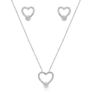 CZ Gravity Halo Heart Charm Necklace and Gravity Halo Heart Pushback Studs Set in Sterling Silver