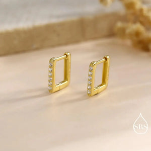 CZ Pave Square Huggie Hoop in Sterling Silver, Skinny Geometric Hoop Earrings, Gold or Silver Finish, 8Mm Minimalist Hoops