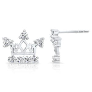 CZ Royal Queen Crown Stud Earrings in Sterling Silver
