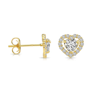 14K Yellow Gold Heart Halo CZ Stud Earrings