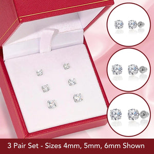 Elegant 14K Solid White Gold Screw Back Round CZ Basket Set Stud Earrings - Set of 3 Pairs.