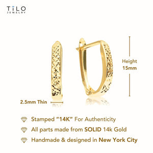 Radiant 14K Solid Gold Diamond-Cut Oval Huggie Hoop Earrings - Handcrafted Elegance.