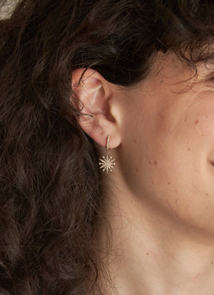14K Yellow Gold Diamond Starburst Dangle Huggie Earrings