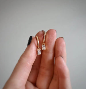 Gold Baguette Earrings, Baguette Dangle Hoops, Emerald Cut Dangle Earrings, Silver Diamond Simulant Huggie Earrings, Crystal Drop Earrings
