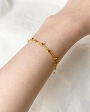 18K Solid Gold Double Strand Beaded Bracelet, Dainty Layered Minimalist Jewelry