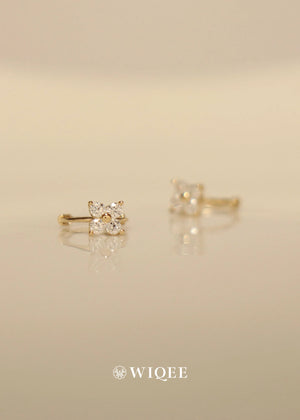 9K Solid Gold Flower Hoop Earrings, CZ Diamond Huggie Earrings