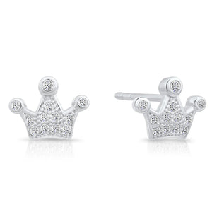 Glamorous CZ Royal Princess Crown Sterling Silver Stud Earrings.