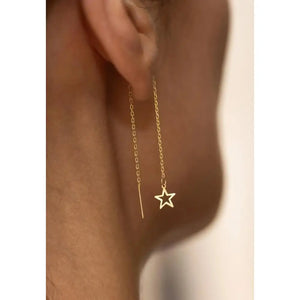 Dainty 14K Solid Gold Star Threader Earrings – Elegant Long Chain Sparkle for Any Occasion.
