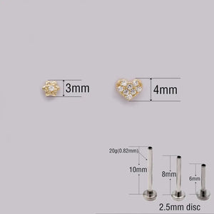 Dainty 14K Solid Gold Tiny Heart & Flower Flat Back Stud Earrings for Cartilage, Conch, Helix & Tragus.